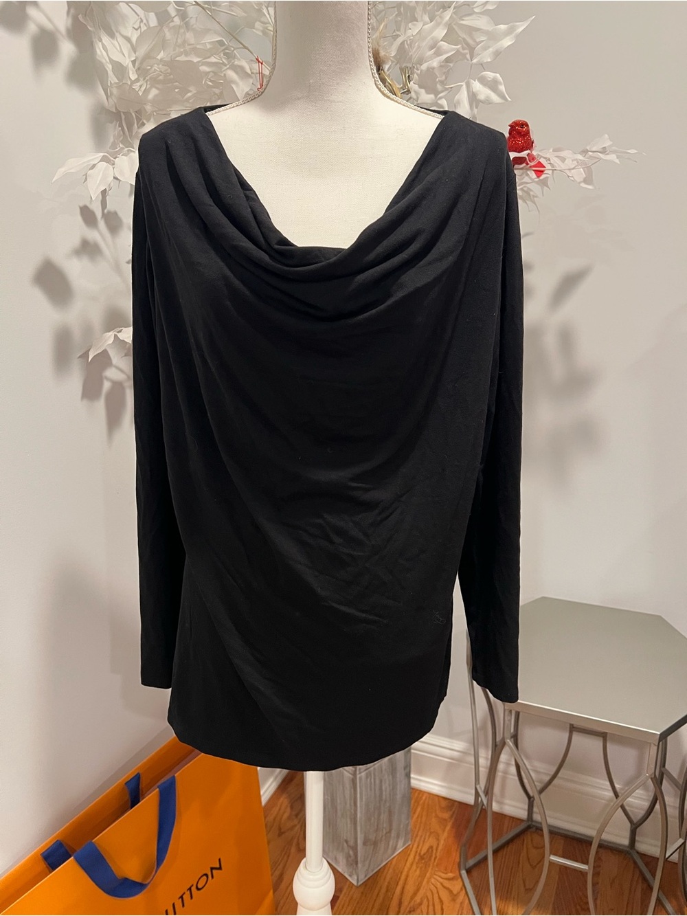 Lord & Taylor Black Draped Cowl-Neck Long Sleeve Top